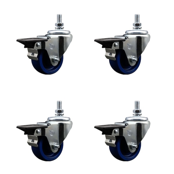 3 Inch Solid Polyurethane 10 MM Threaded Stem Caster Set with Brake